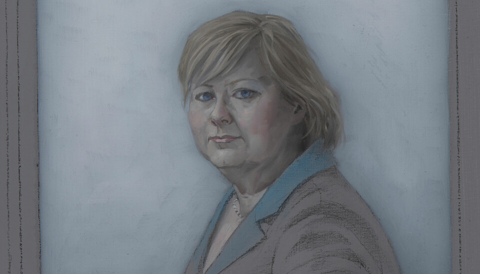 Erna Solberg, portrettert av Christopher Rådlund