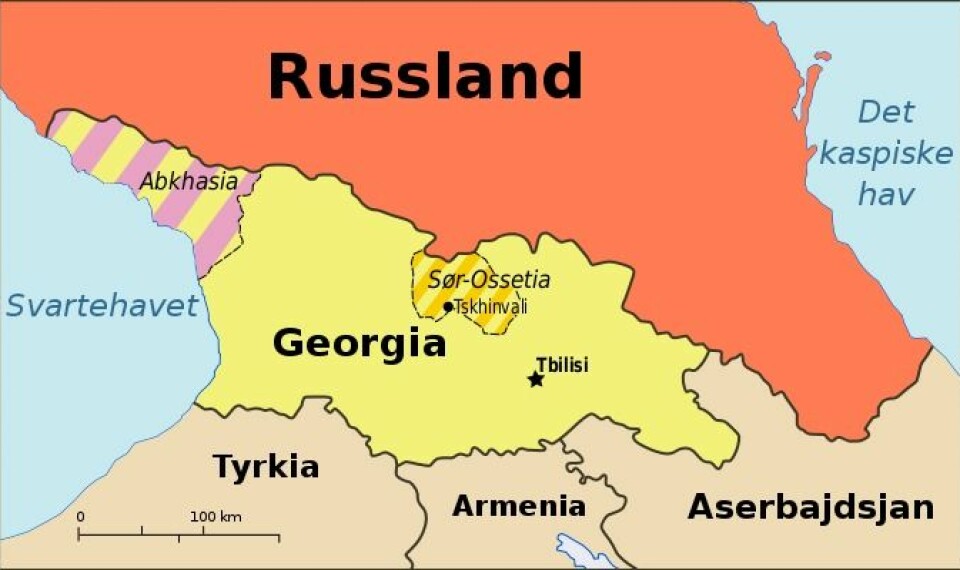 Kart som viser plasseringen av Georgia, Russland, Sør-Ossetia og Abkhasia i forhold til hverandre.