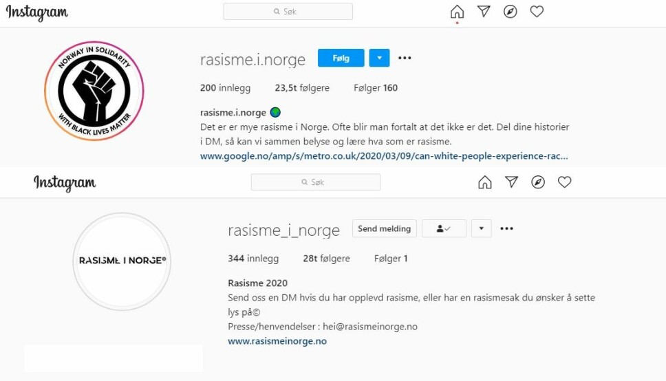 Instagram-kontoene rasisme.i.norge og rasisme_i_norge oppfordrer følgerne sine til å dele historier og saker om rasisme.