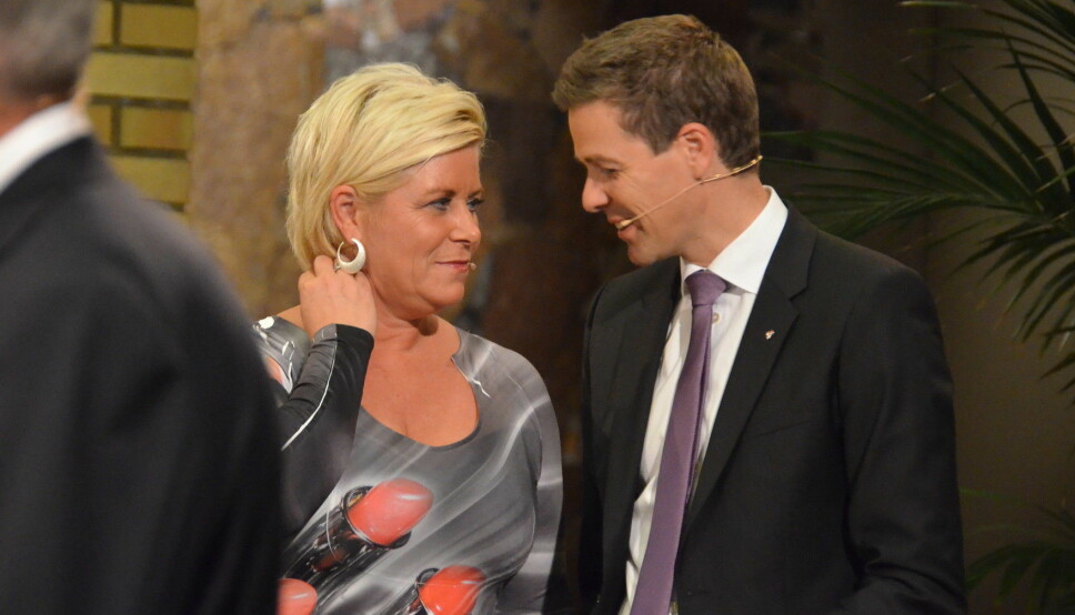 Siv Jensen i den berømte «Morna, Jens»-kjolen valgnatten 2013.
