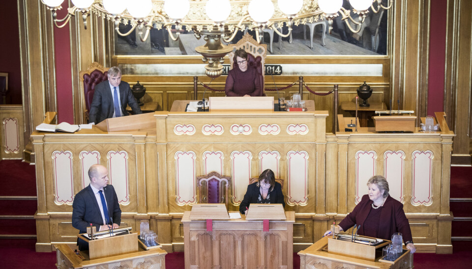 Trygve Slagsvold Vedum og Erna Solberg i Stortingets spørretime