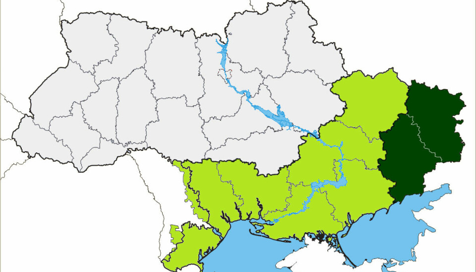 Kart over det området en del russere ser for seg at skal kontrolleres av Russland, under navnet Novorossija.