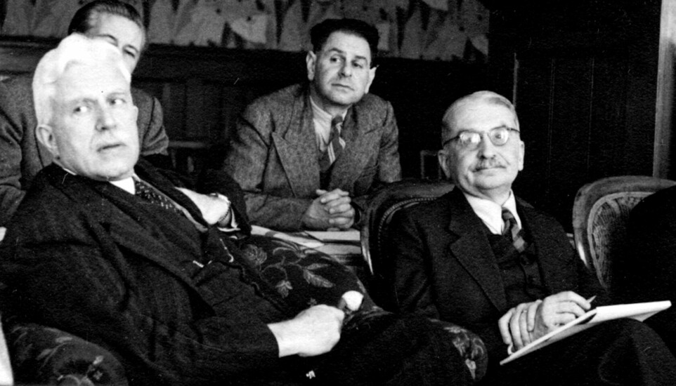 William Rappard, Karl Popper og Ludwig von Mises under møtet ved Mont Pèlerin i april 1947.