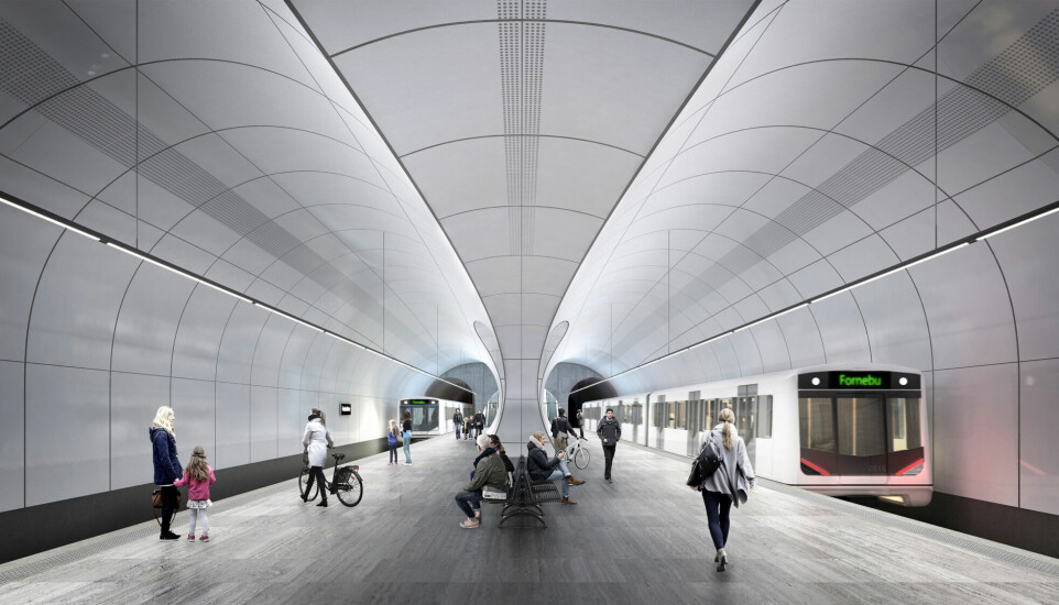 Arkitektenes visualisering av den planlagte Fornebu stasjon på Fornebubanen. Planlagt ferdigstilt i 2027.