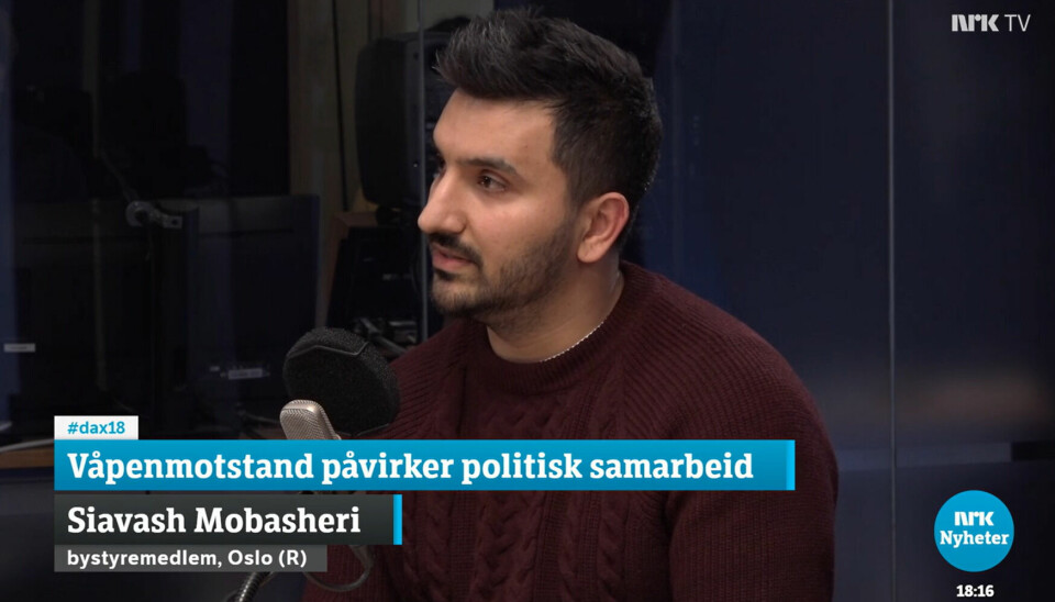 Siavash Mobasheri i debatt mot Raymond Johansen over våpenstøtte til Ukraina på Dagsnytt 18.