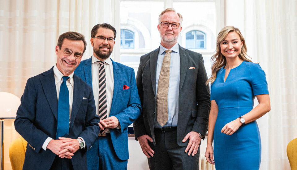 Ulf Kristersson (M), Jimmie Åkesson (SD), Johan Pehrson (L) og Ebba Busch (KD) under forhandlingene om Tidöavtalen i oktober 2022.