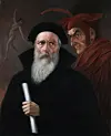 Mørkt maleri av en skjeggete mann (Faust) i svart drakt med en hvit skriftrull og en rødhåret skikkelse (Mefistofeles).