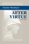 Bokomslag med tittelen After Virtue av Alasdair MacIntyre og et klassisk profilrelieff.